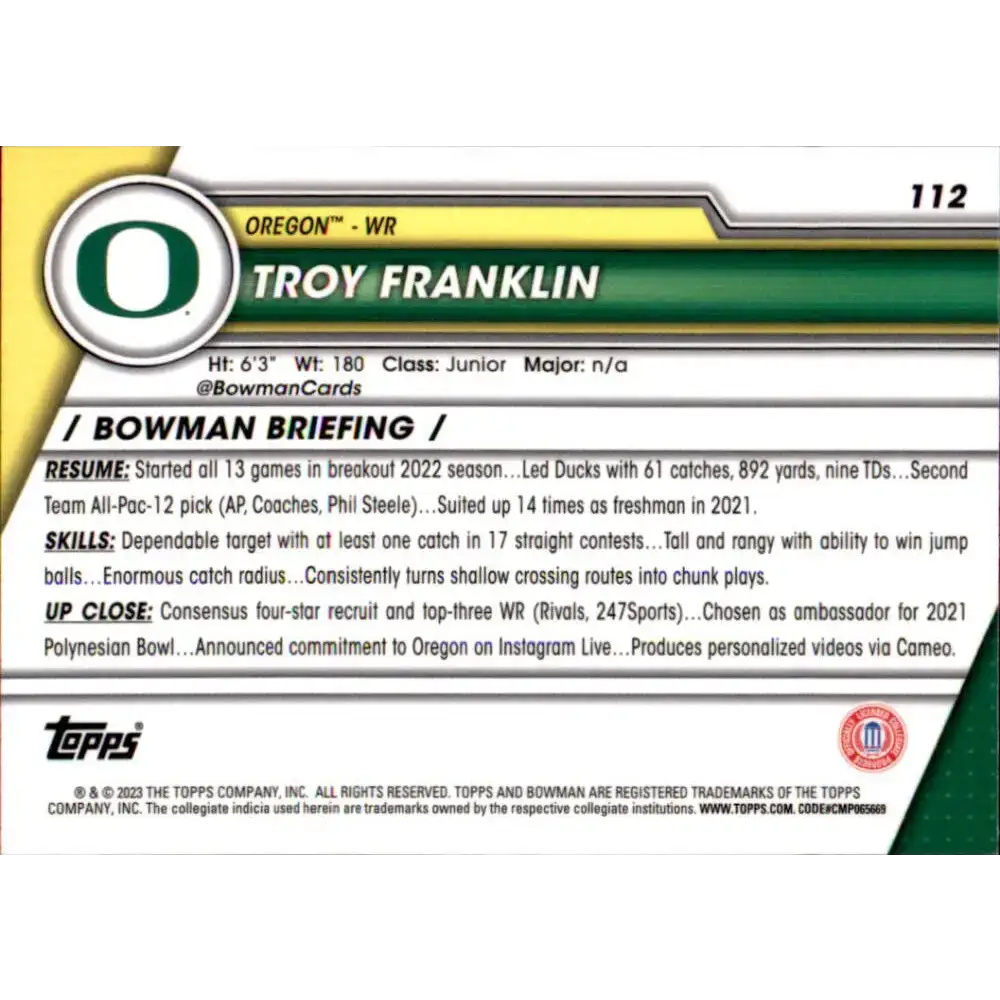 2023 Bowman University Chrome #112 Troy Franklin NM-MT Oregon Ducks Football Card - Football Card Single