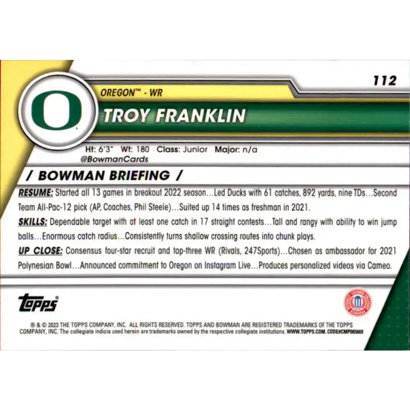 2023 Bowman University Chrome #112 Troy Franklin NM-MT Oregon Ducks Football Card - Football Card Single