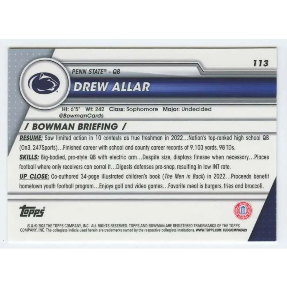 2023 Bowman University Chrome #113 Drew Allar NM-MT Penn State Nittany Lions Football Card - Football Card Single