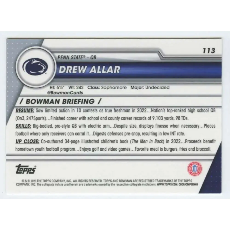 2023 Bowman University Chrome #113 Drew Allar NM-MT Penn State Nittany Lions Football Card - Football Card Single