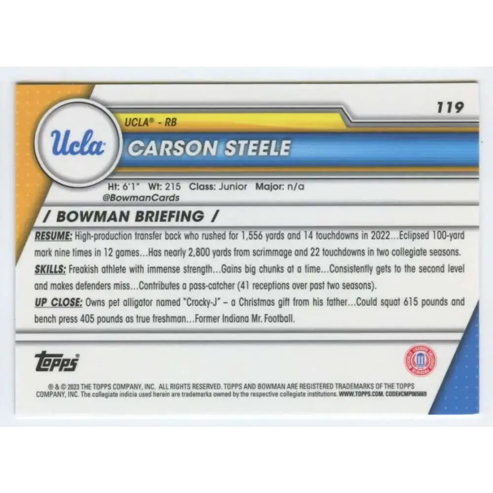 2023 Bowman University Chrome #119 Carson Steele NM-MT UCLA Bruins Football Card - Football Card Single