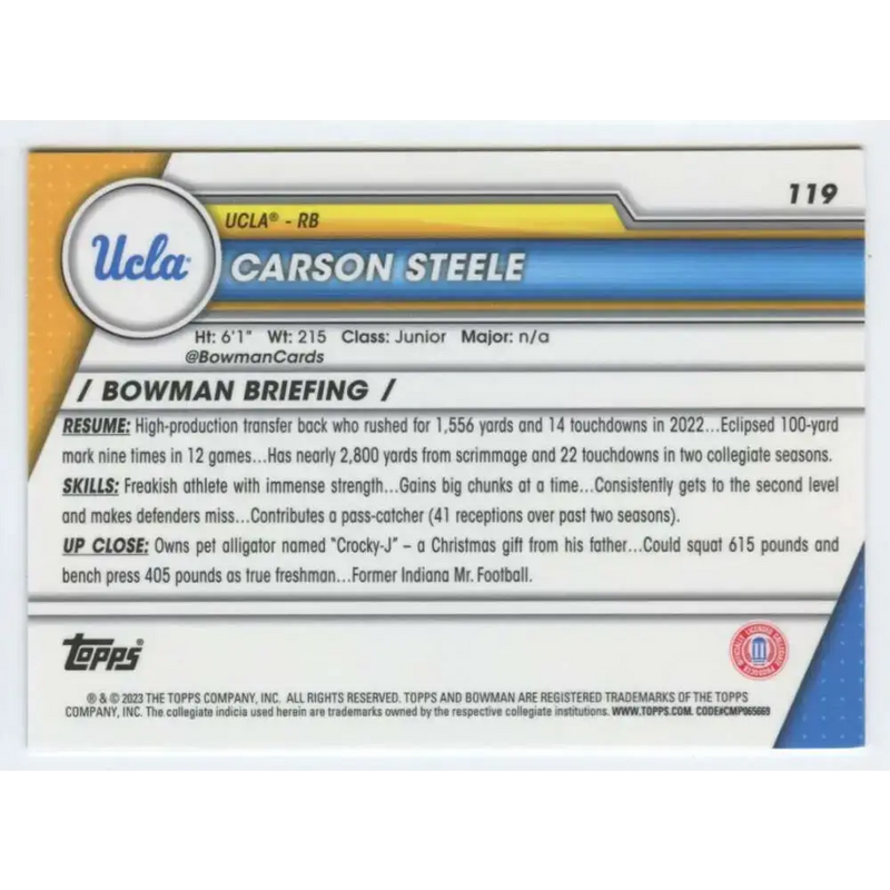 2023 Bowman University Chrome #119 Carson Steele NM-MT UCLA Bruins Football Card - Football Card Single