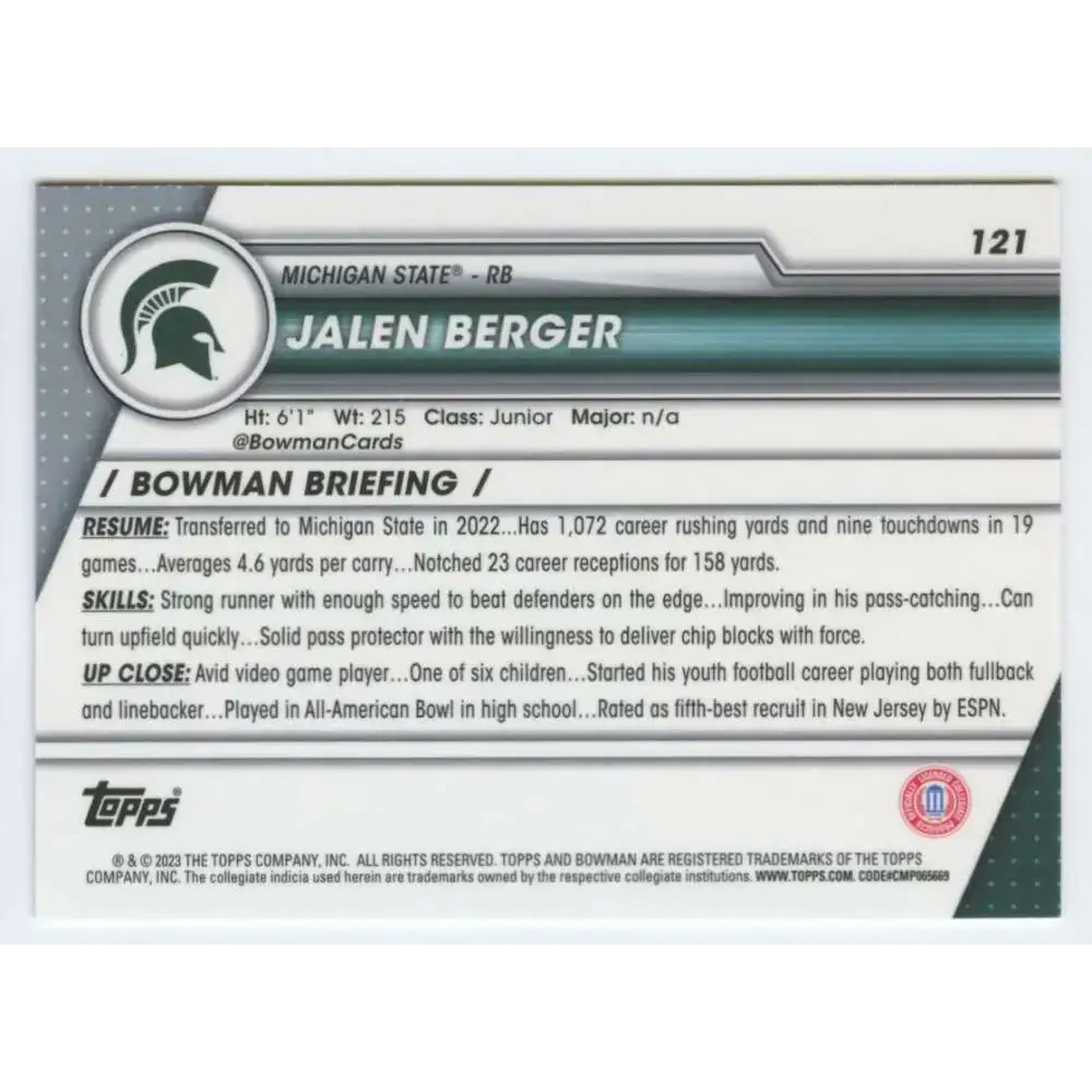 2023 Bowman University Chrome #121 Jalen Berger NM-MT Michigan State Spartans Football Card - Football Card Single