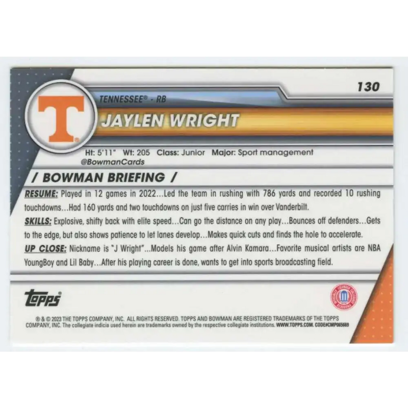 2023 Bowman University Chrome #130 Jaylen Wright NM-MT Tennessee Volunteers Football Card - Football Card Single
