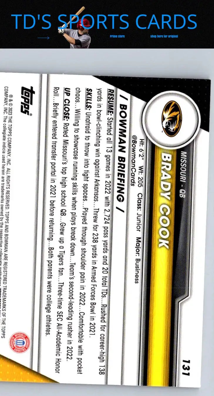 Brady Cook football card from 2023 Bowman University Chrome Brady Cook Refractor series