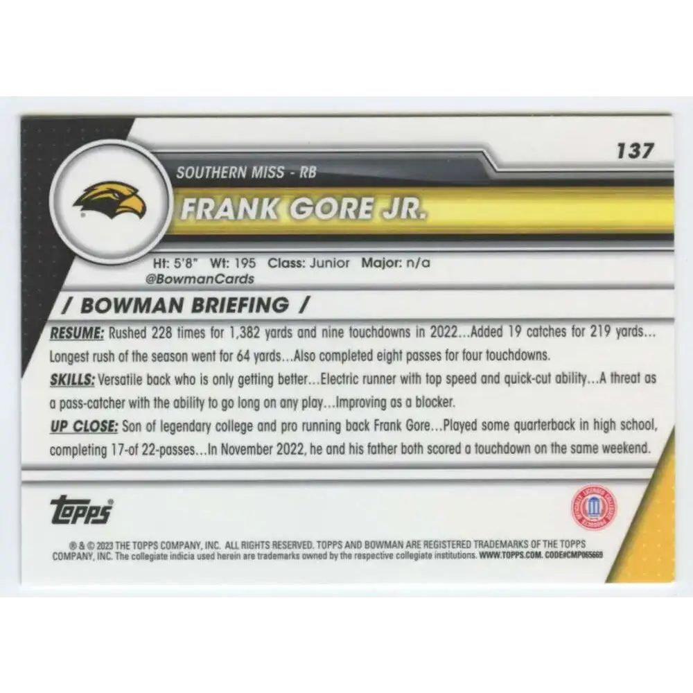 2023 Bowman University Chrome #137 Frank Gore Jr. NM-MT Southern Miss Golden Eagles Football Card - Football Card Single