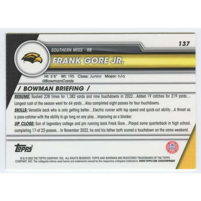 2023 Bowman University Chrome #137 Frank Gore Jr. NM-MT Southern Miss Golden Eagles Football Card - Football Card Single