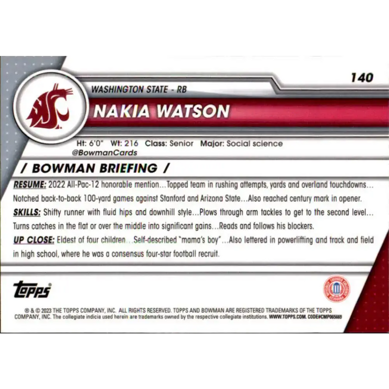 2023 Bowman University Chrome #140 Nakia Watson NM-MT Washington State Cougars Football Card - Football Card Single