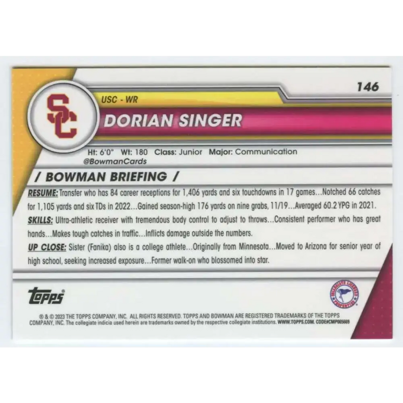 2023 Bowman University Chrome #146 Dorian Singer NM-MT USC Trojans Football Card - Football Card Single