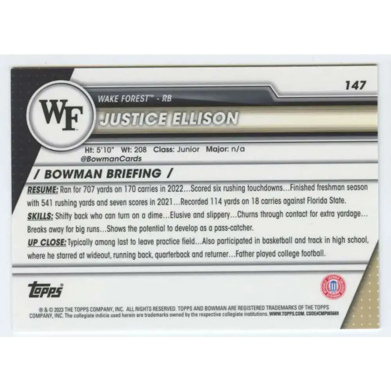 2023 Bowman University Chrome #147 Justice Ellison NM-MT Wake Forest Demon Deacons Football Card - Football Card Single