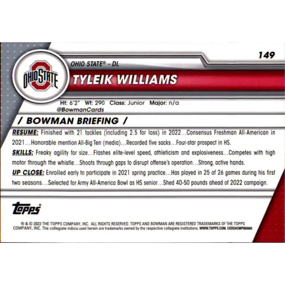 2023 Bowman University Chrome #149 Tyleik Williams NM-MT Ohio State Buckeyes Football Card - Football Card Single