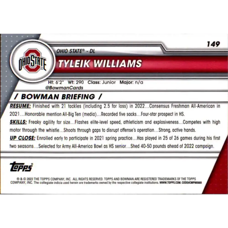 2023 Bowman University Chrome #149 Tyleik Williams NM-MT Ohio State Buckeyes Football Card - Football Card Single
