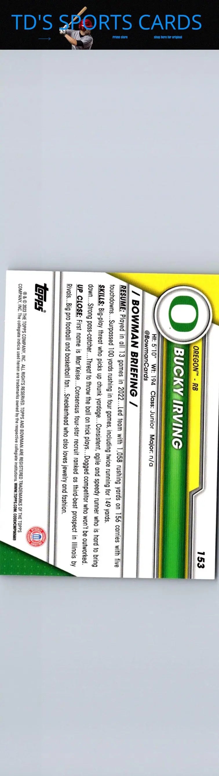 Back of 2023 Bowman University Chrome #153 Bucky Irving baseball card