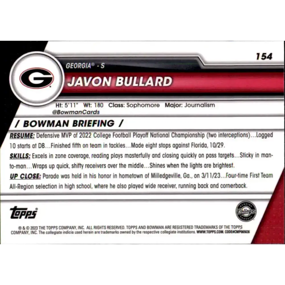 2023 Bowman University Chrome #154 Javon Bullard NM-MT Georgia Bulldogs Football Card - Football Card Single
