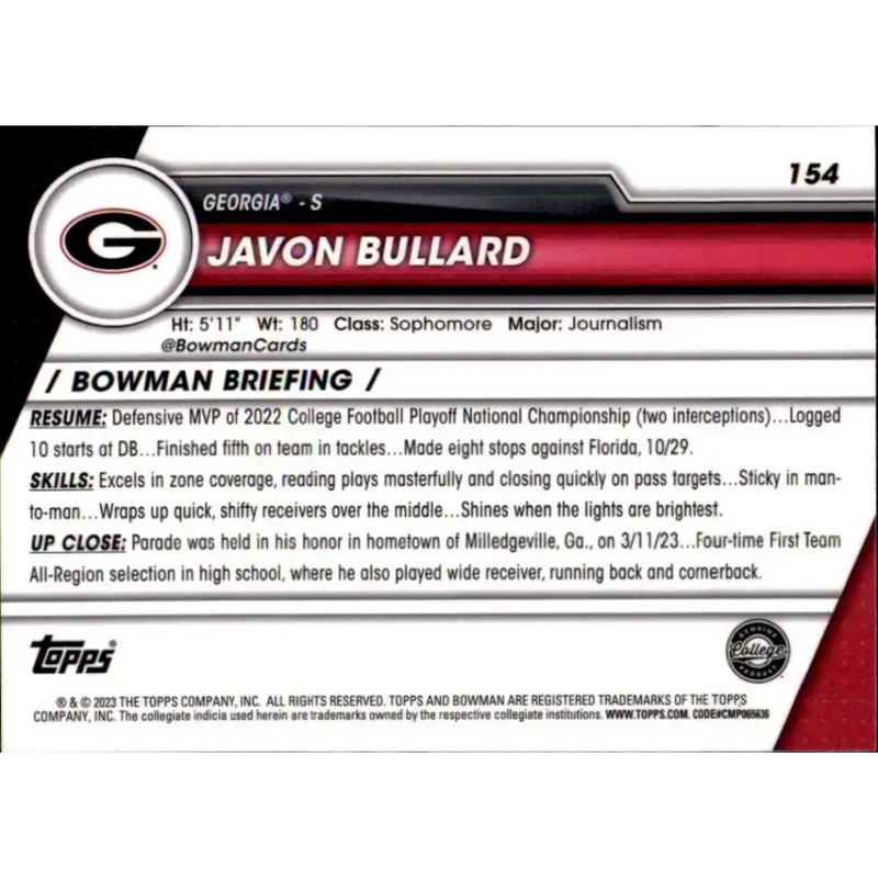 2023 Bowman University Chrome #154 Javon Bullard NM-MT Georgia Bulldogs Football Card - Football Card Single