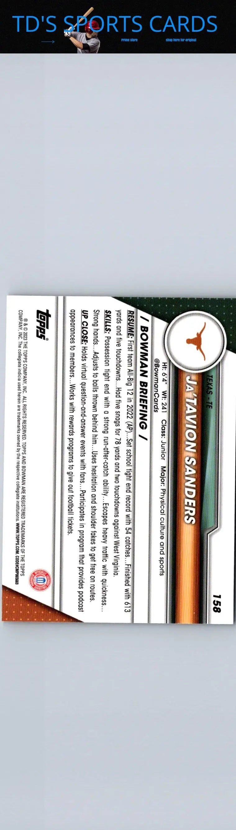 2023 Bowman University Chrome #158 Ja’Tavion Sanders baseball card displayed for collectors