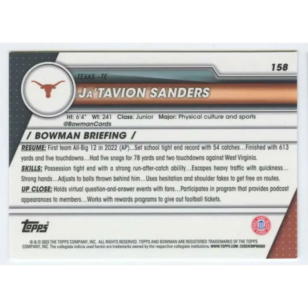 2023 Bowman University Chrome #158 Ja’Tavion Sanders NM-MT Texas Longhorns Football Card - Football Card Single