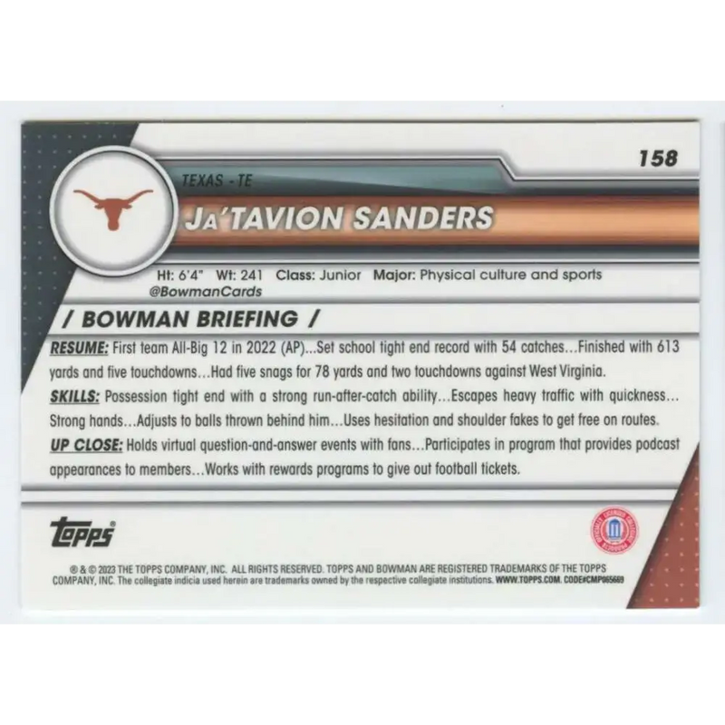 2023 Bowman University Chrome #158 Ja’Tavion Sanders NM-MT Texas Longhorns Football Card - Football Card Single
