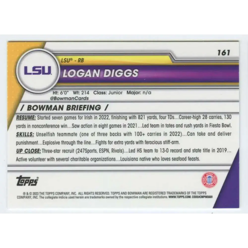2023 Bowman University Chrome #161 Logan Diggs NM-MT LSU Tigers Football Card - Football Card Single