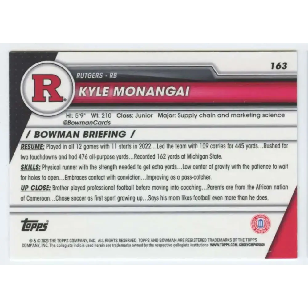 2023 Bowman University Chrome #163 Kyle Monangai NM-MT Rutgers Scarlet Knights Football Card - Football Card Single