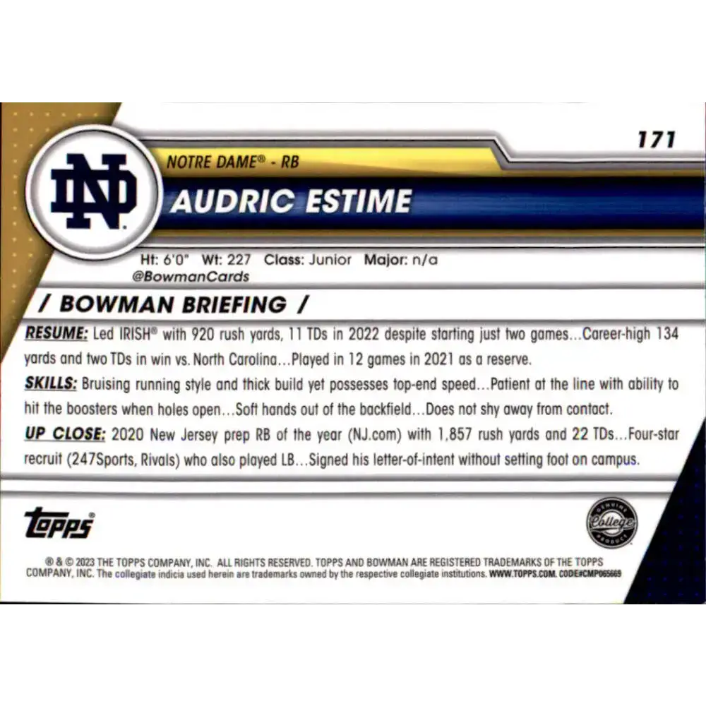 2023 Bowman University Chrome #171 Audric Estime NM-MT Notre Dame Fighting Irish Football Card - Football Card Single
