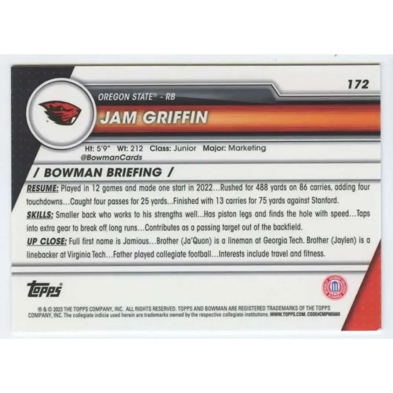 2023 Bowman University Chrome #172 Jam Griffin NM-MT Oregon State Beavers Football Card - Football Card Single