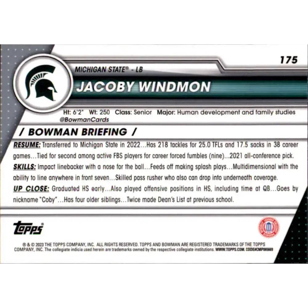 2023 Bowman University Chrome #175 Jacoby Windmon NM-MT Michigan State Spartans Football Card - Football Card Single