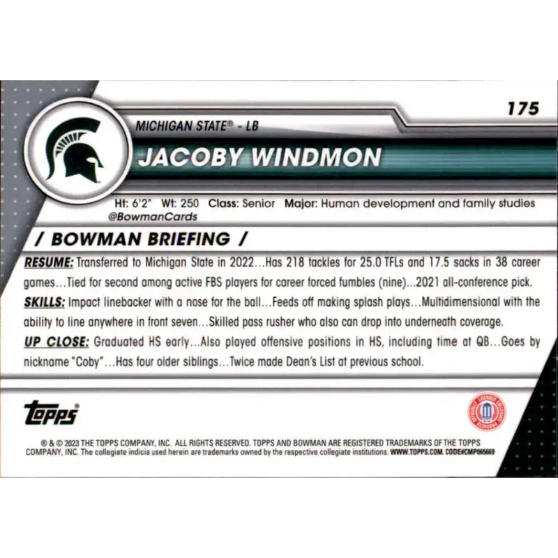 2023 Bowman University Chrome #175 Jacoby Windmon NM-MT Michigan State Spartans Football Card - Football Card Single