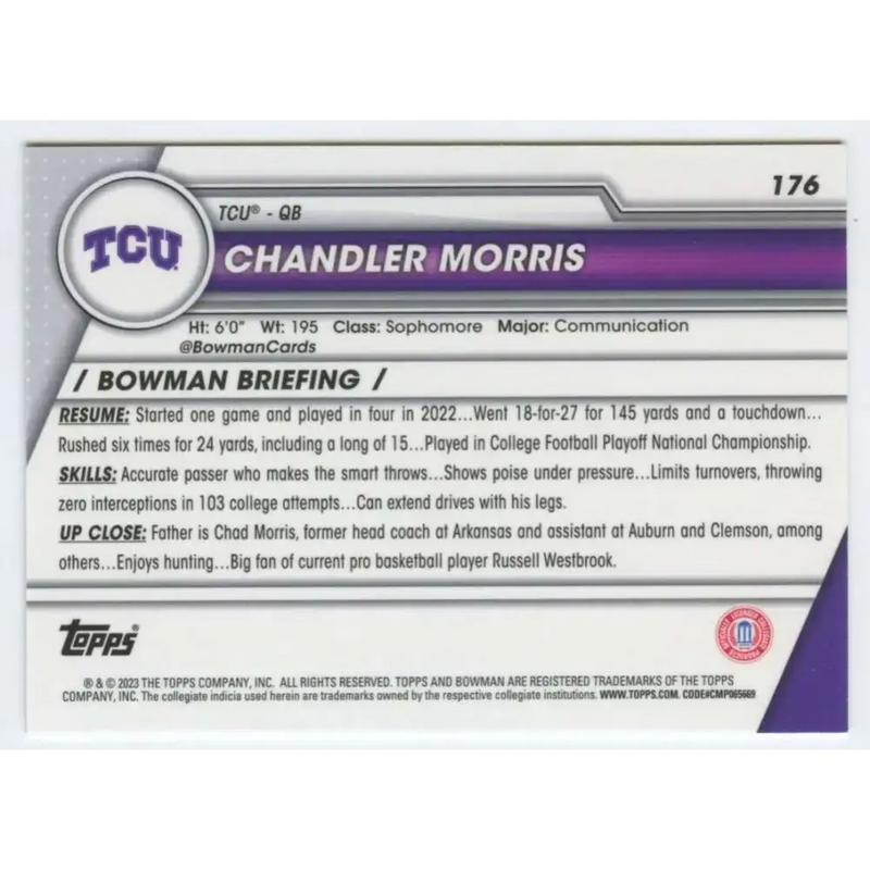 2023 Bowman University Chrome #176 Chandler Morris NM-MT TCU Horned Frogs Football Card - Football Card Single