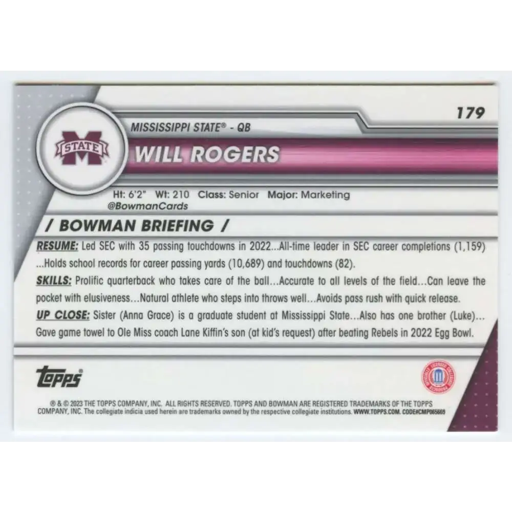 2023 Bowman University Chrome #179 Will Rogers NM-MT Mississippi State Bulldogs Football Card - Football Card Single