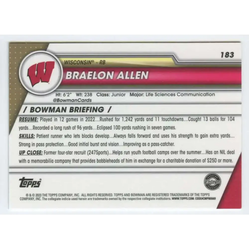 2023 Bowman University Chrome #183 Braelon Allen NM-MT Wisconsin Badgers Football Card - Football Card Single