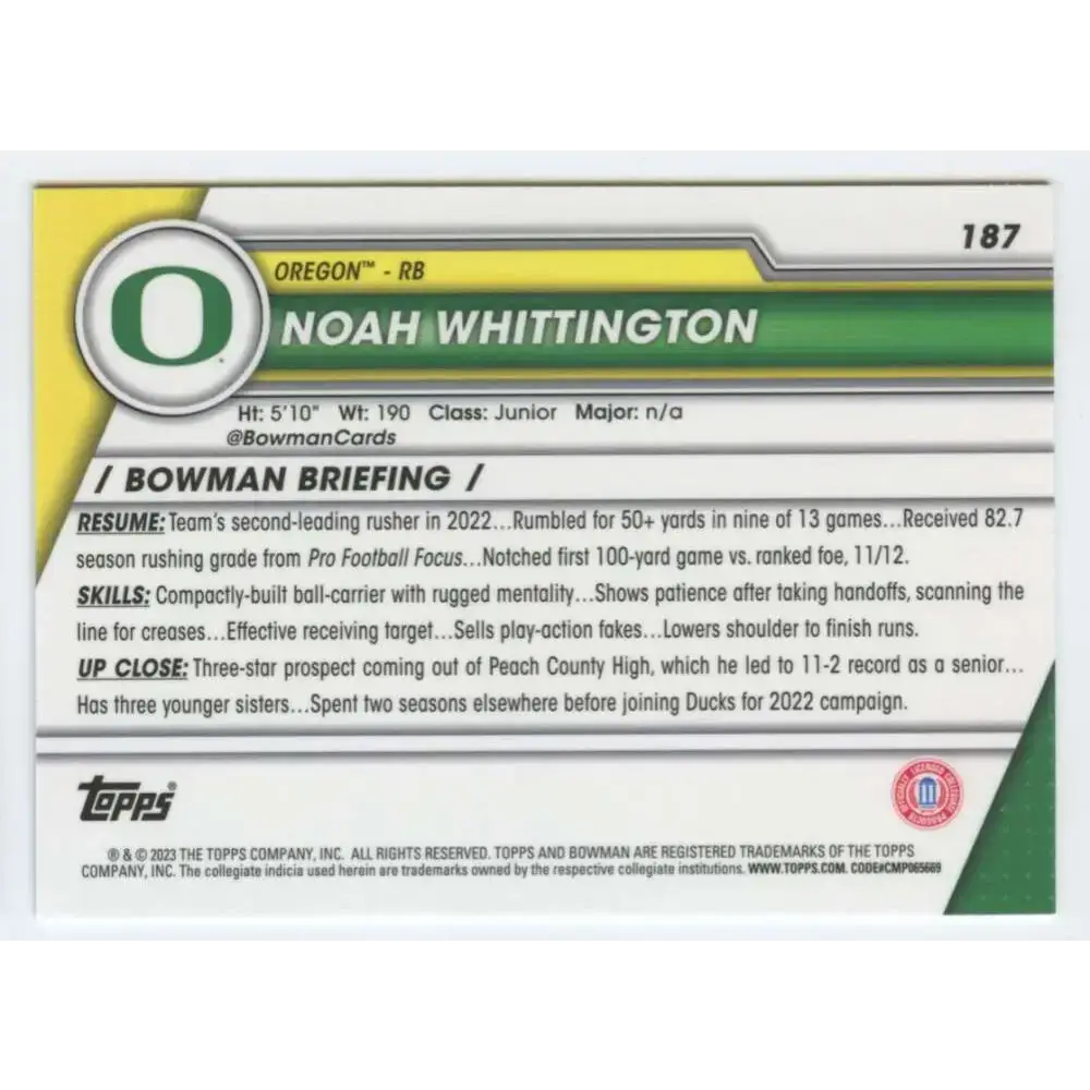 2023 Bowman University Chrome #187 Noah Whittington NM-MT Oregon Ducks Football Card - Football Card Single