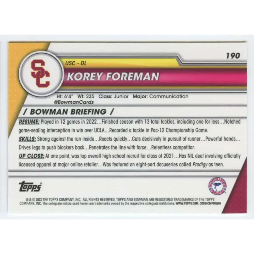 2023 Bowman University Chrome #190 Korey Foreman NM-MT USC Trojans Football Card - Football Card Single