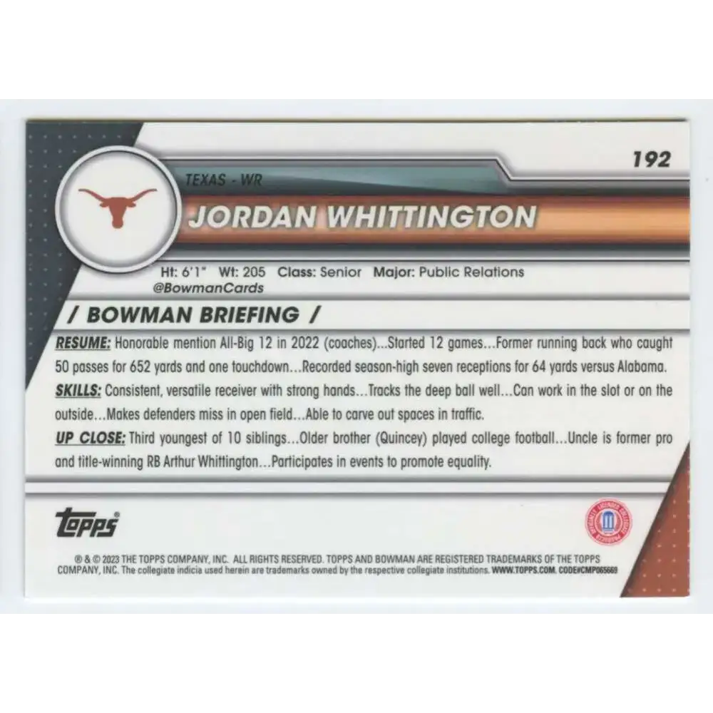 2023 Bowman University Chrome #192 Jordan Whittington NM-MT Texas Longhorns Football Card - Football Card Single