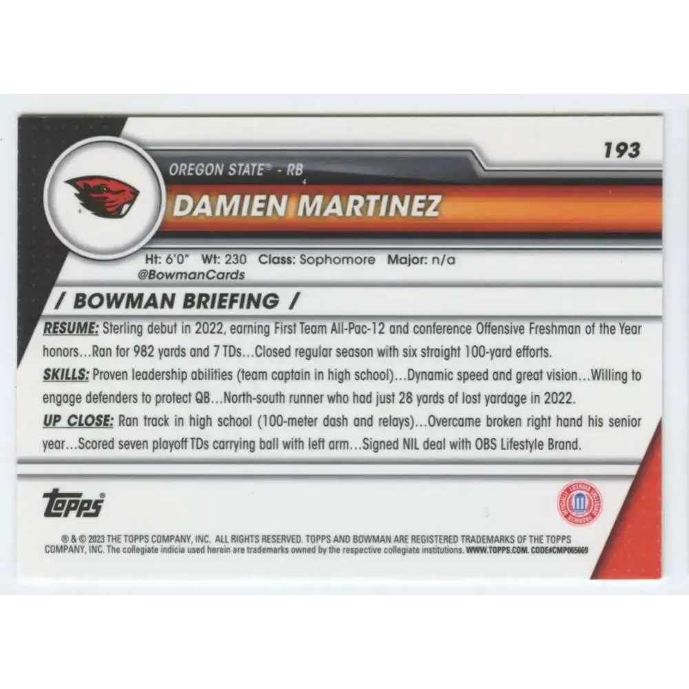 2023 Bowman University Chrome #193 Damien Martinez NM-MT Oregon State Beavers Football Card - Football Card Single
