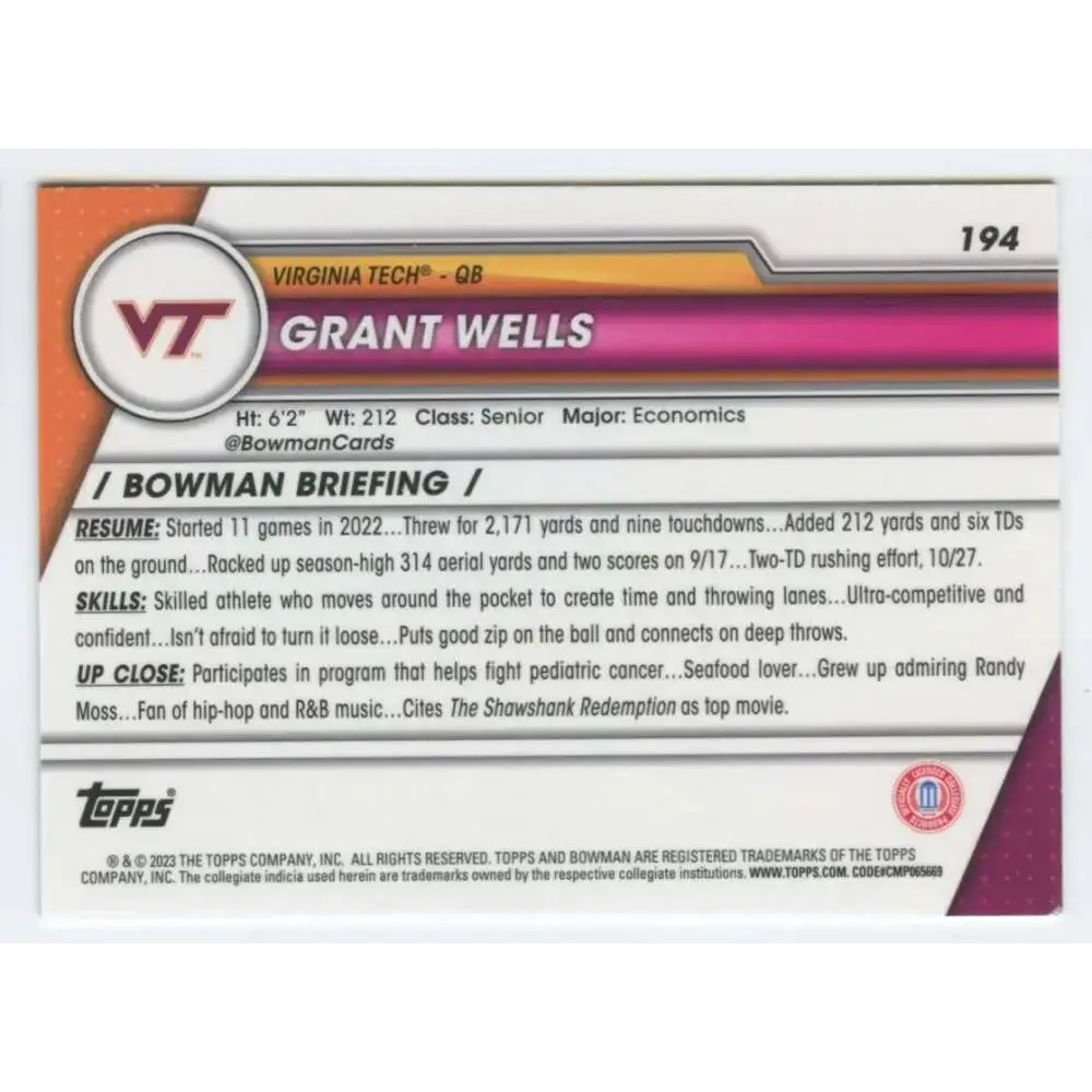 2023 Bowman University Chrome #194 Grant Wells NM-MT Virginia Tech Hokies Football Card - Football Card Single