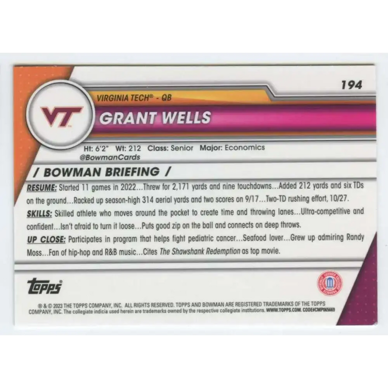 2023 Bowman University Chrome #194 Grant Wells NM-MT Virginia Tech Hokies Football Card - Football Card Single