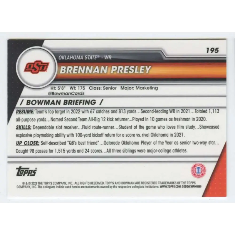 2023 Bowman University Chrome #195 Brennan Presley NM-MT Oklahoma State Cowboys Football Card - Football Card Single