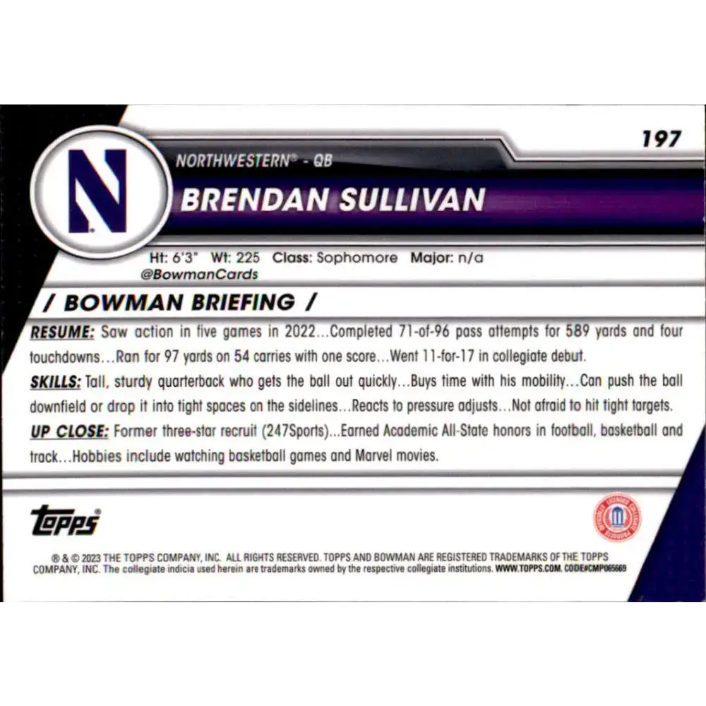 2023 Bowman University Chrome #197 Brendan Sullivan NM-MT Northwestern Wildcats Football Card - Football Card Single