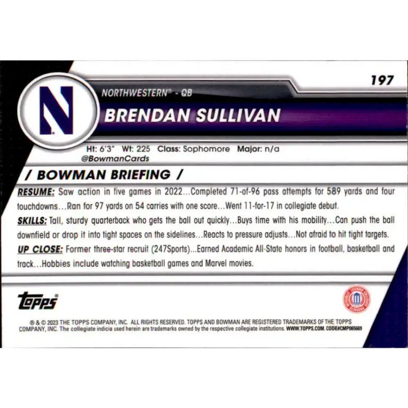 2023 Bowman University Chrome #197 Brendan Sullivan NM-MT Northwestern Wildcats Football Card - Football Card Single