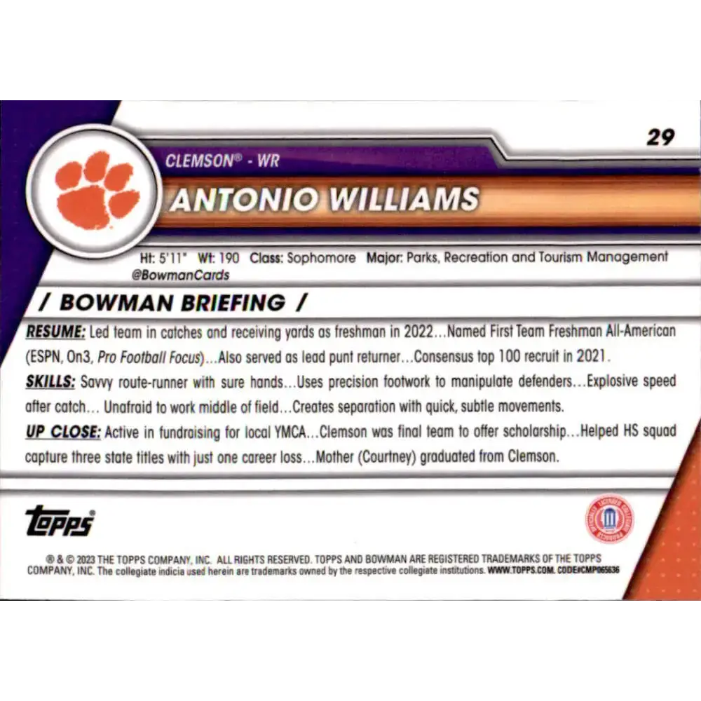 2023 Bowman University Chrome #29 Antonio Williams NM-MT Clemson Tigers Football Card - Football Card Single
