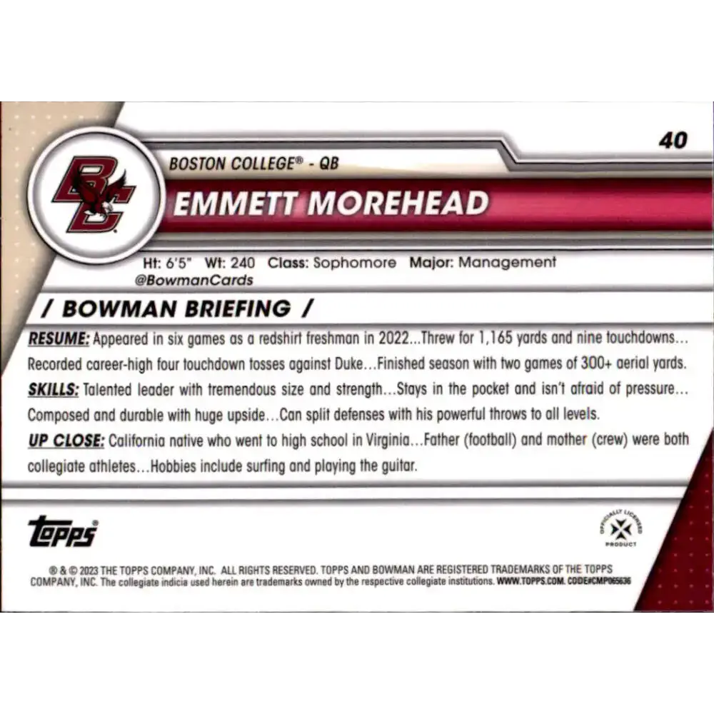 2023 Bowman University Chrome #40 Emmett Morehead NM-MT Boston College Eagles Football Card - Football Card Single