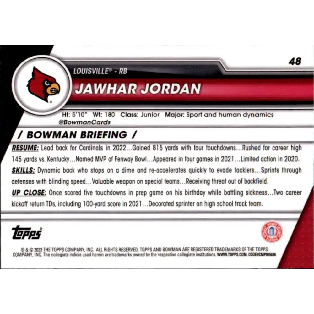 2023 Bowman University Chrome #48 Jawhar Jordan NM-MT Louisville Cardinals Football Card - Football Card Single