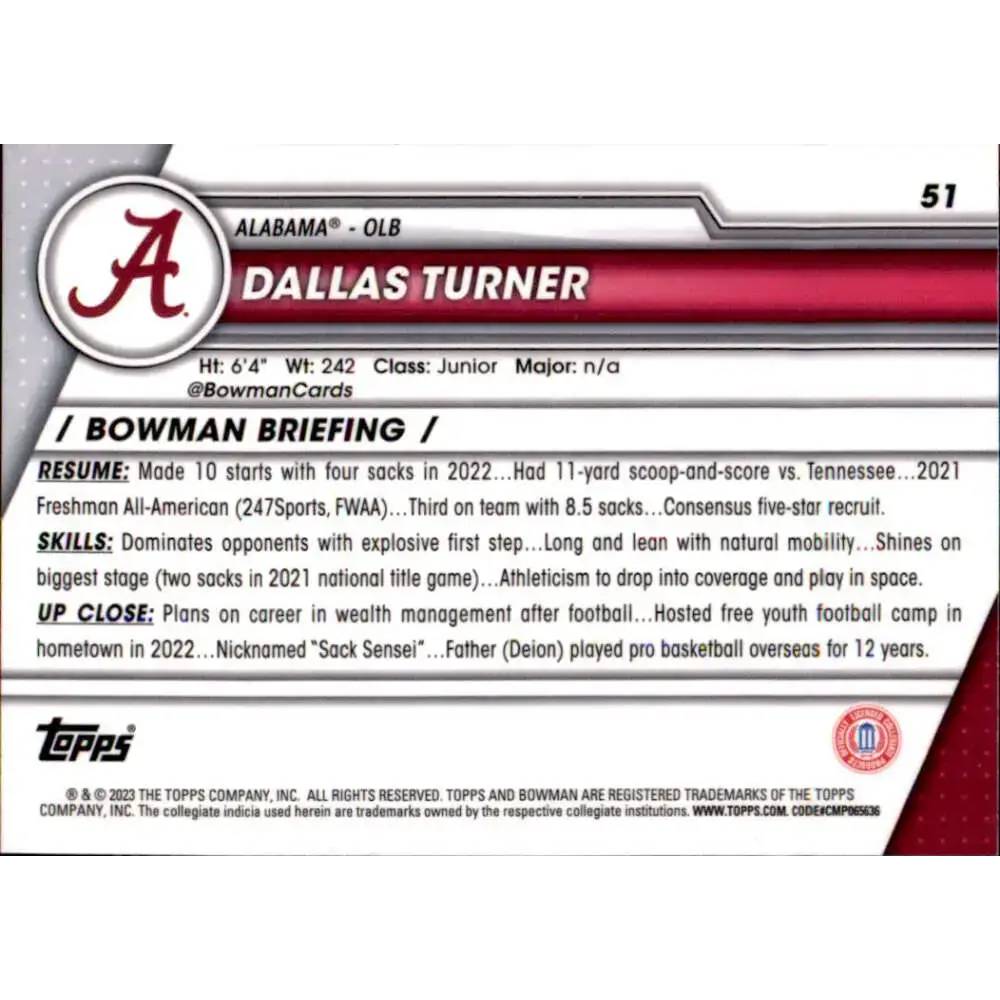 2023 Bowman University Chrome #51 Dallas Turner NM-MT Alabama Crimson Tide Football Card - Football Card Single