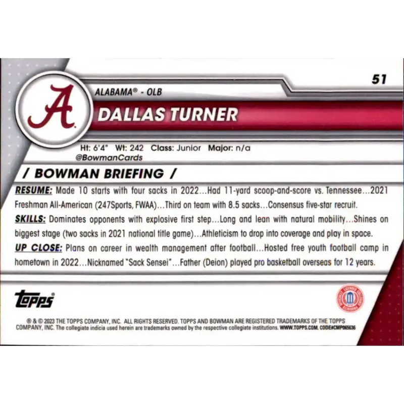 2023 Bowman University Chrome #51 Dallas Turner NM-MT Alabama Crimson Tide Football Card - Football Card Single