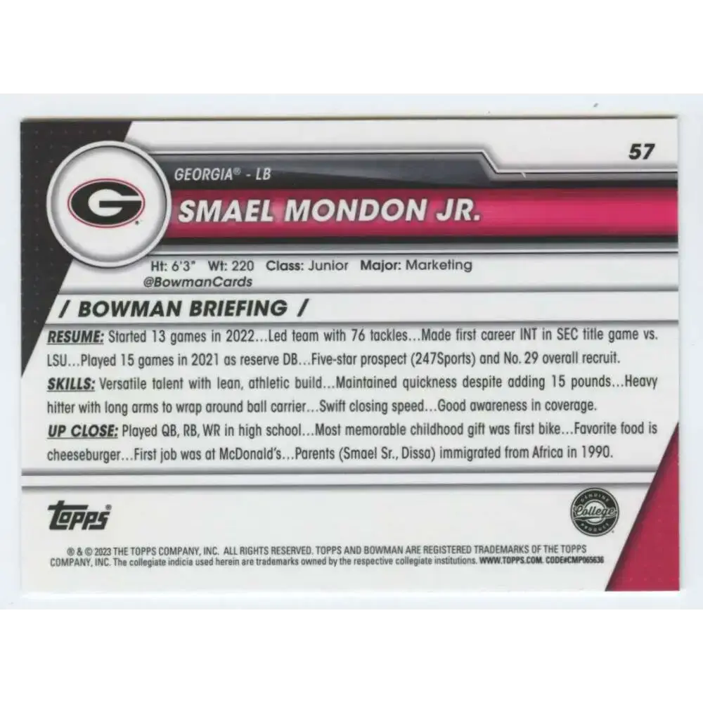 2023 Bowman University Chrome #57 Smael Mondon Jr. NM-MT Georgia Bulldogs Football Card - Football Card Single