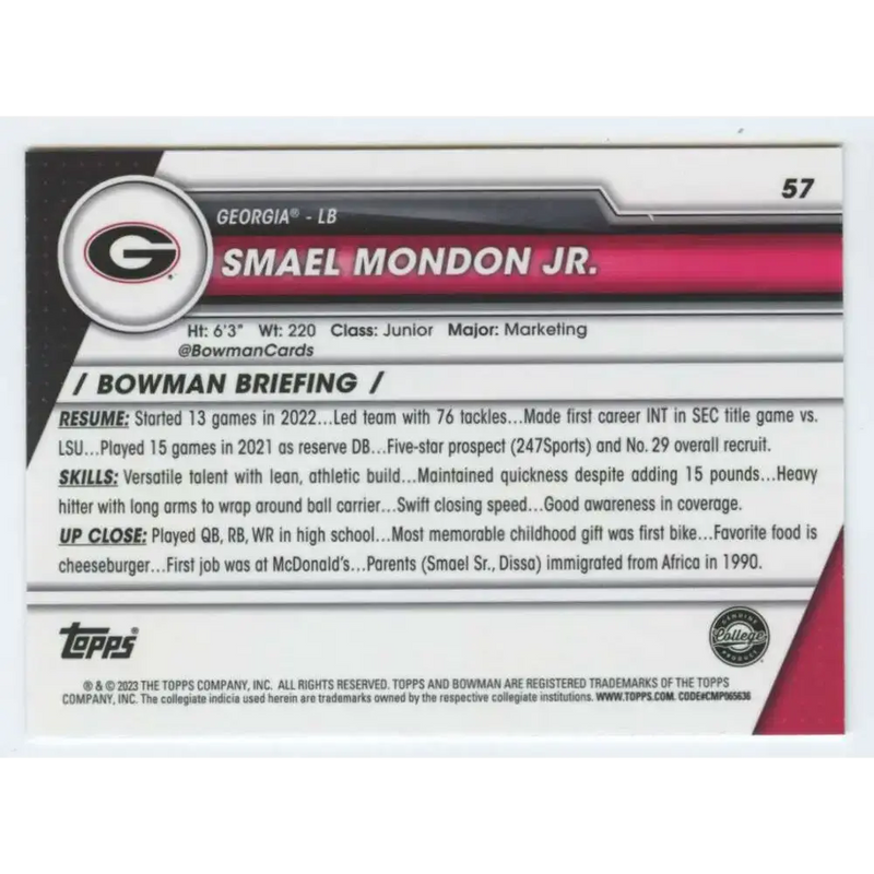2023 Bowman University Chrome #57 Smael Mondon Jr. NM-MT Georgia Bulldogs Football Card - Football Card Single
