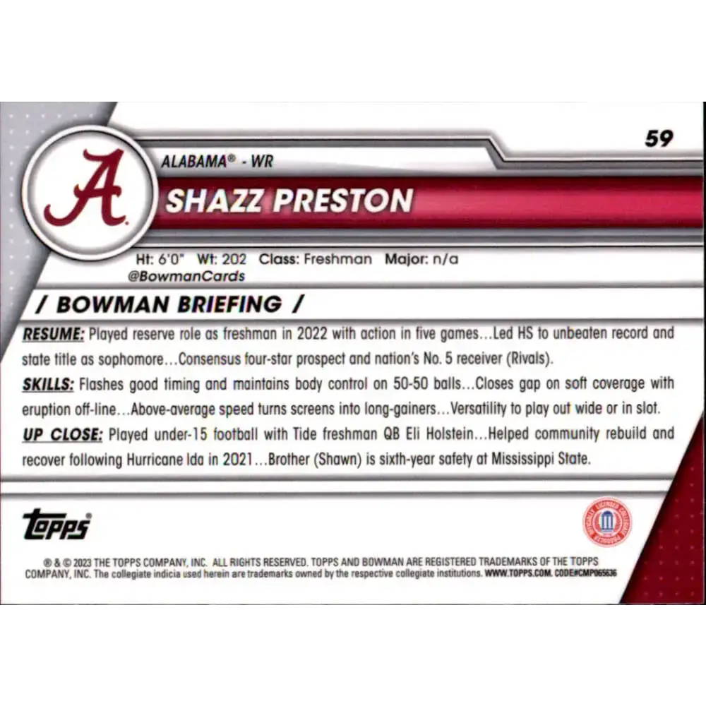 2023 Bowman University Chrome #59 Shazz Preston NM-MT Alabama Crimson Tide Football Card - Football Card Single