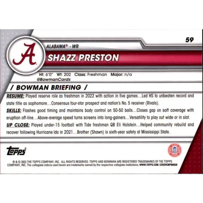 2023 Bowman University Chrome #59 Shazz Preston NM-MT Alabama Crimson Tide Football Card - Football Card Single