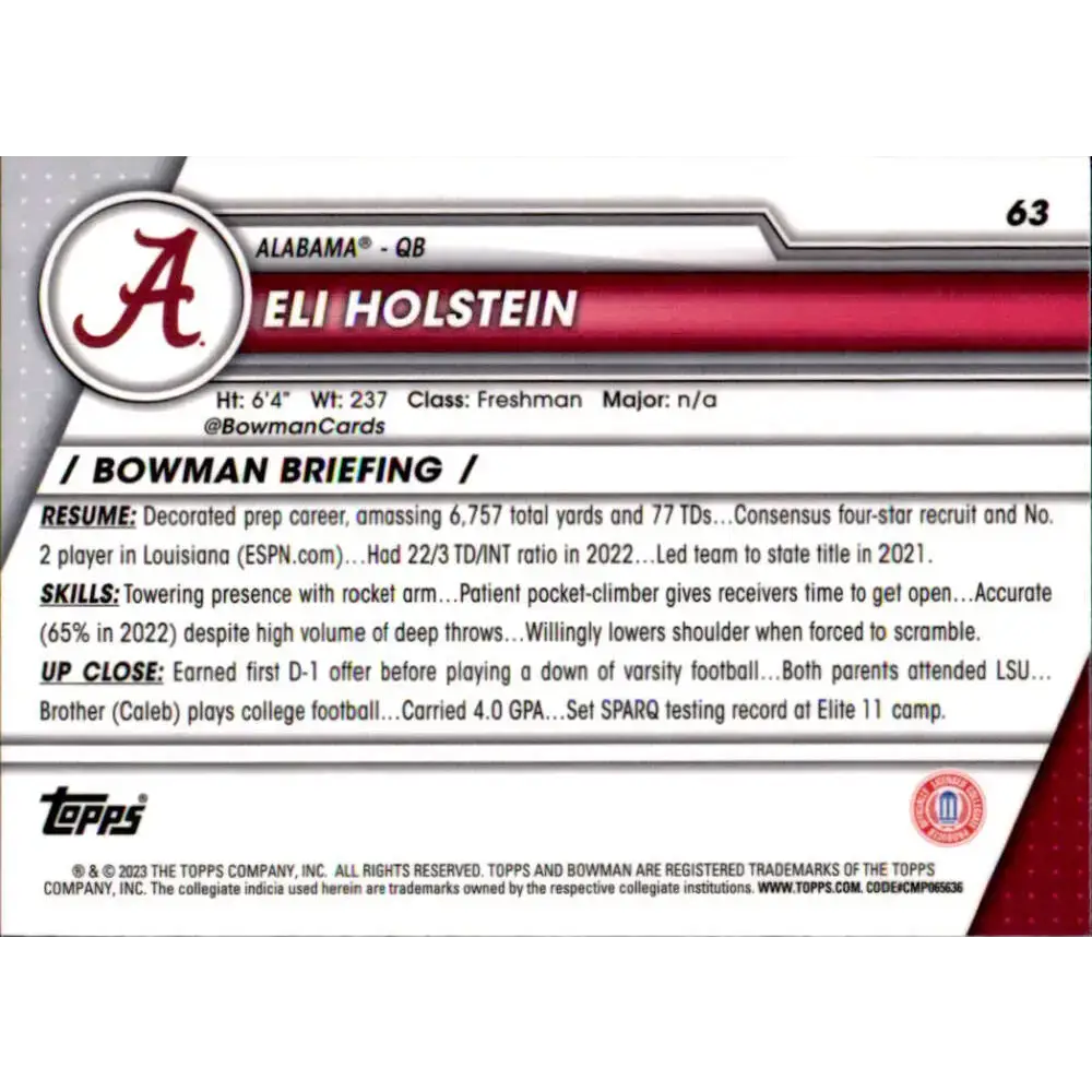 2023 Bowman University Chrome #63 Eli Holstein NM-MT Alabama Crimson Tide Football Card - Football Card Single